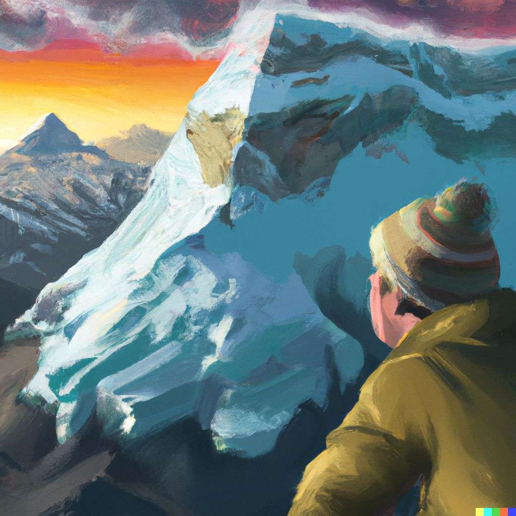 someone gazing at Mount Everest, digital art, 2.5D style